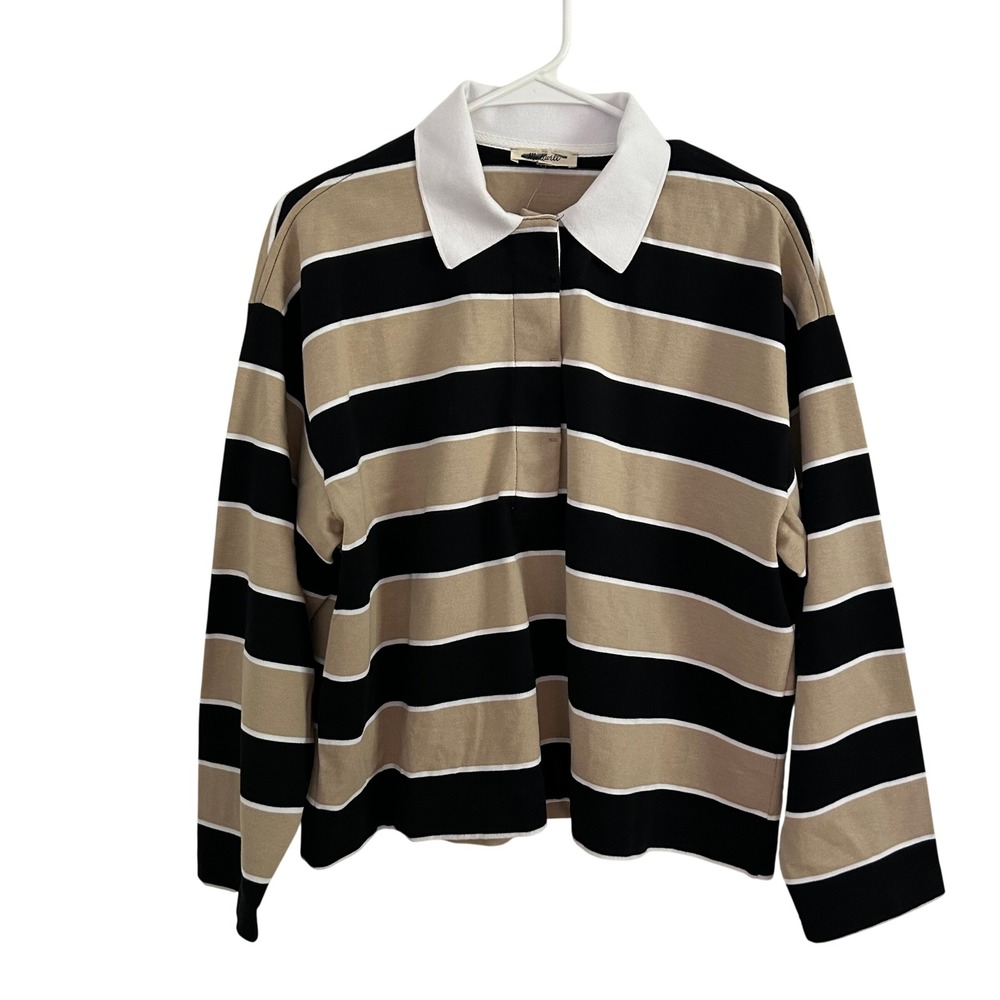 Madewell Womens Tan Black Stripe Rugby Polo Boxy Shirt M Medium New Preppy - Picture 2 of 8